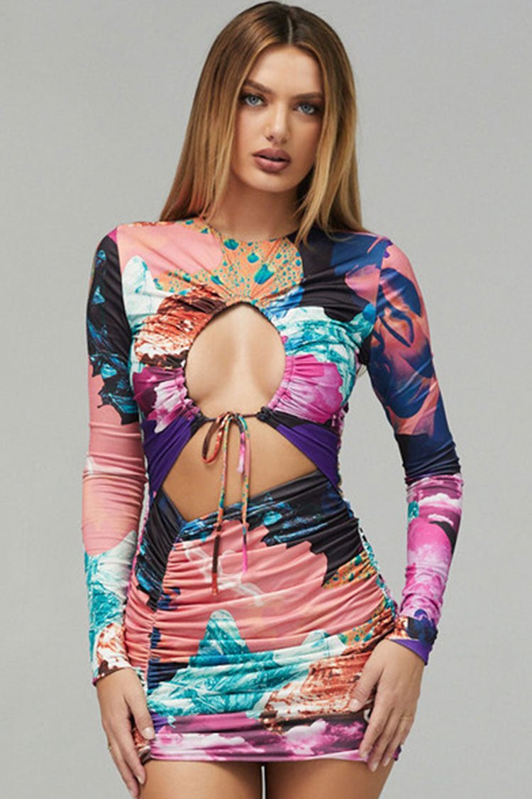 Abstract Print Long Sleeve Tie Keyhole Waist Cut Out Ruched Bodycon Mini Dress 2