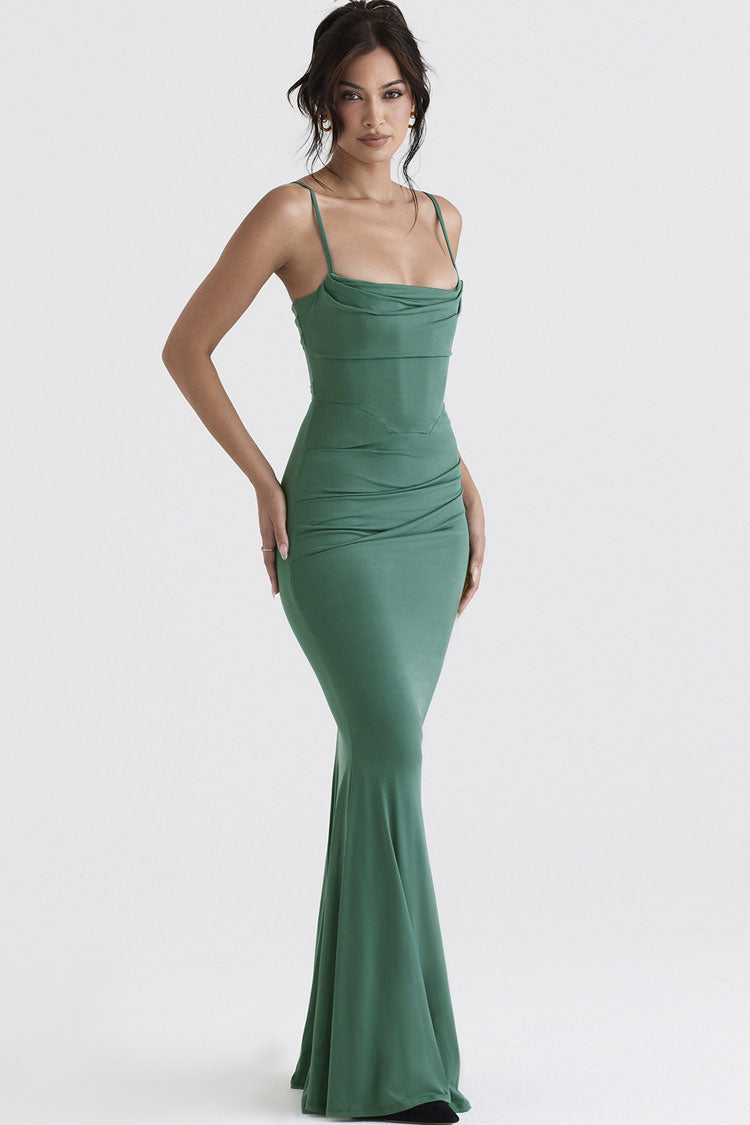 Square Neck Spaghetti Strap Corset Ruched Fishtail Maxi Gown 4