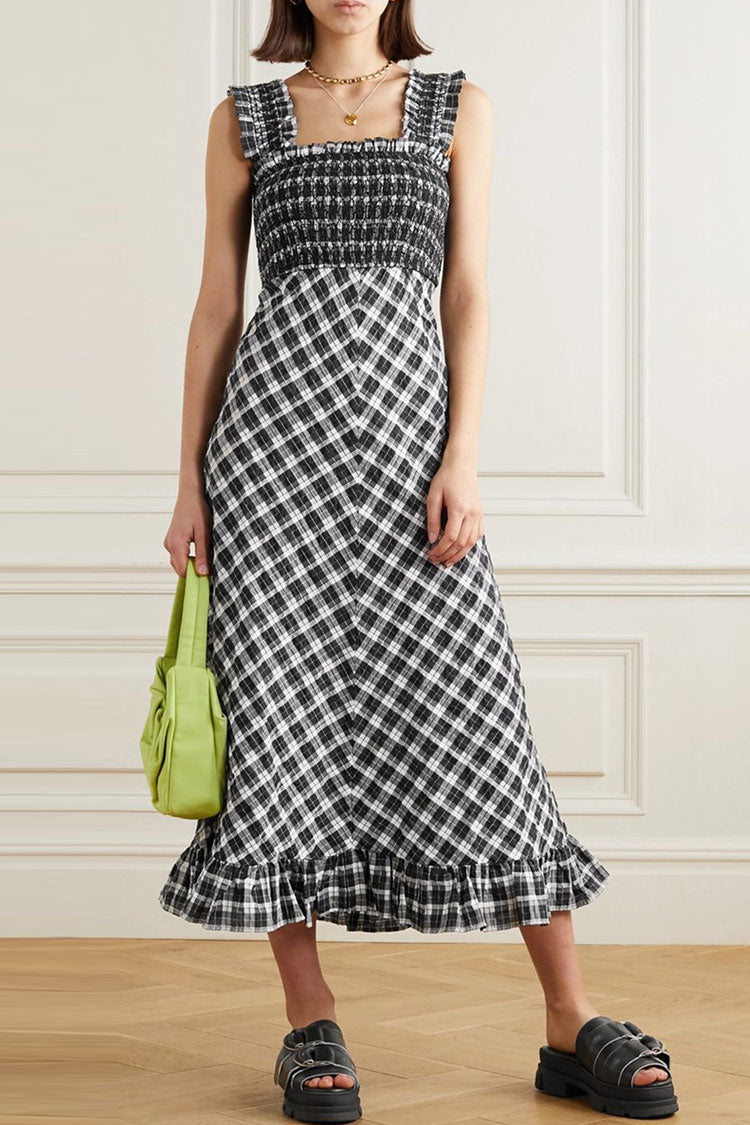 Black Square Neck Ruffle Strap Smocked Plaid Ruffle Hem A-Line Midi Dress