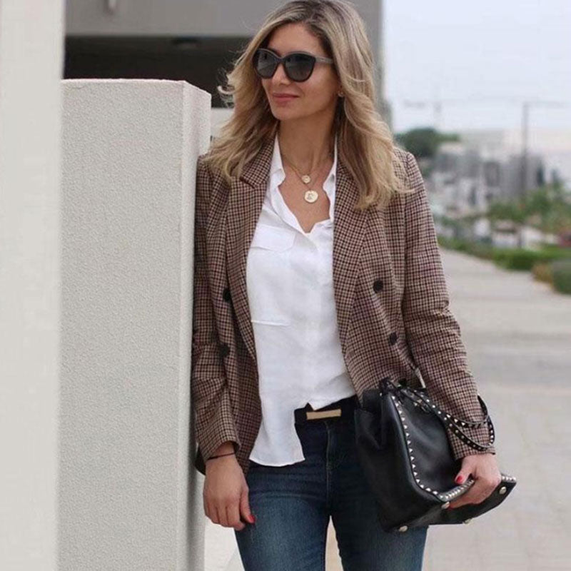 Dark Khaki Notch Lapel Houndstooth Double Breasted Tailored Blazer