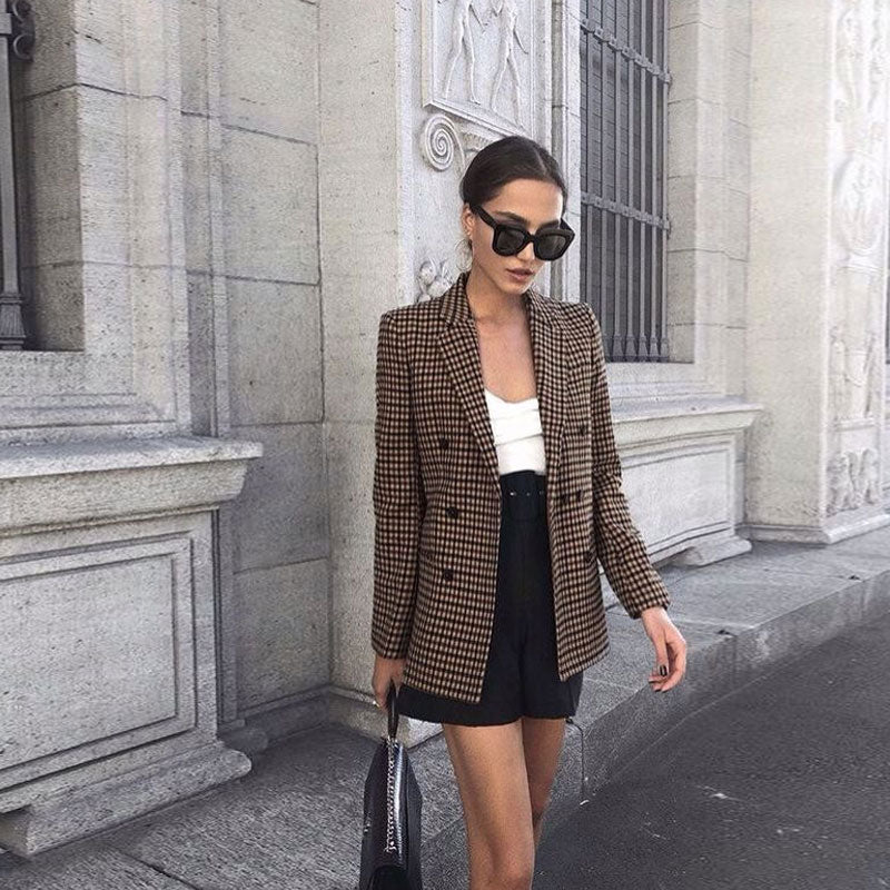 Dark Khaki Notch Lapel Houndstooth Double Breasted Tailored Blazer 2