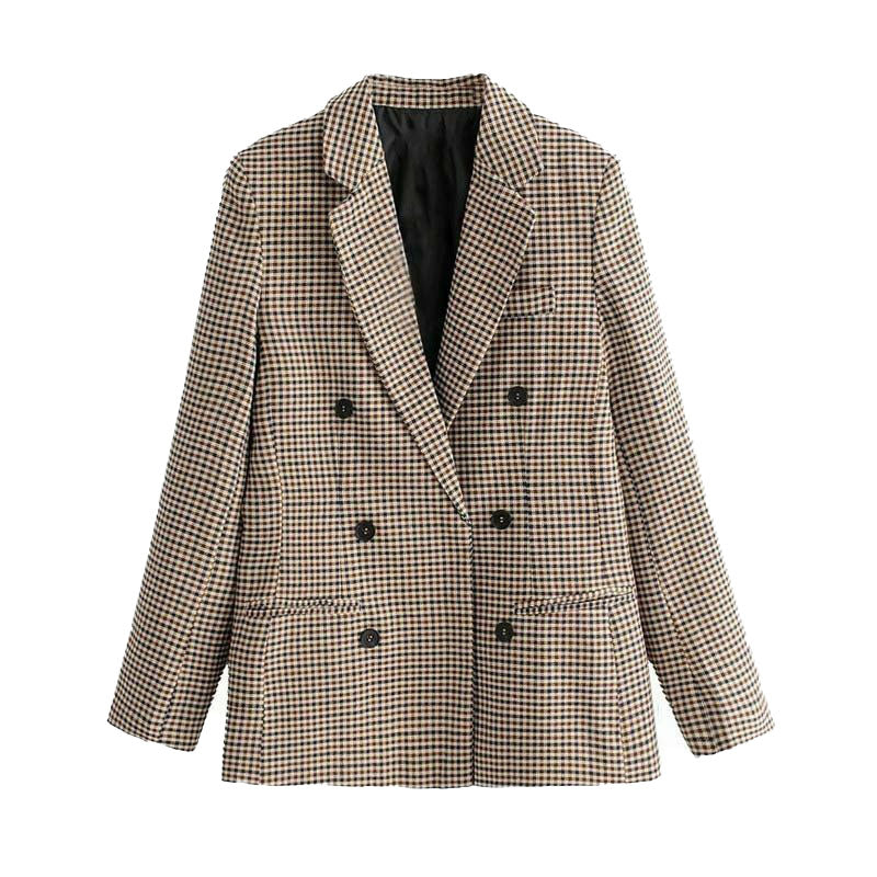 Dark Khaki Notch Lapel Houndstooth Double Breasted Tailored Blazer 3