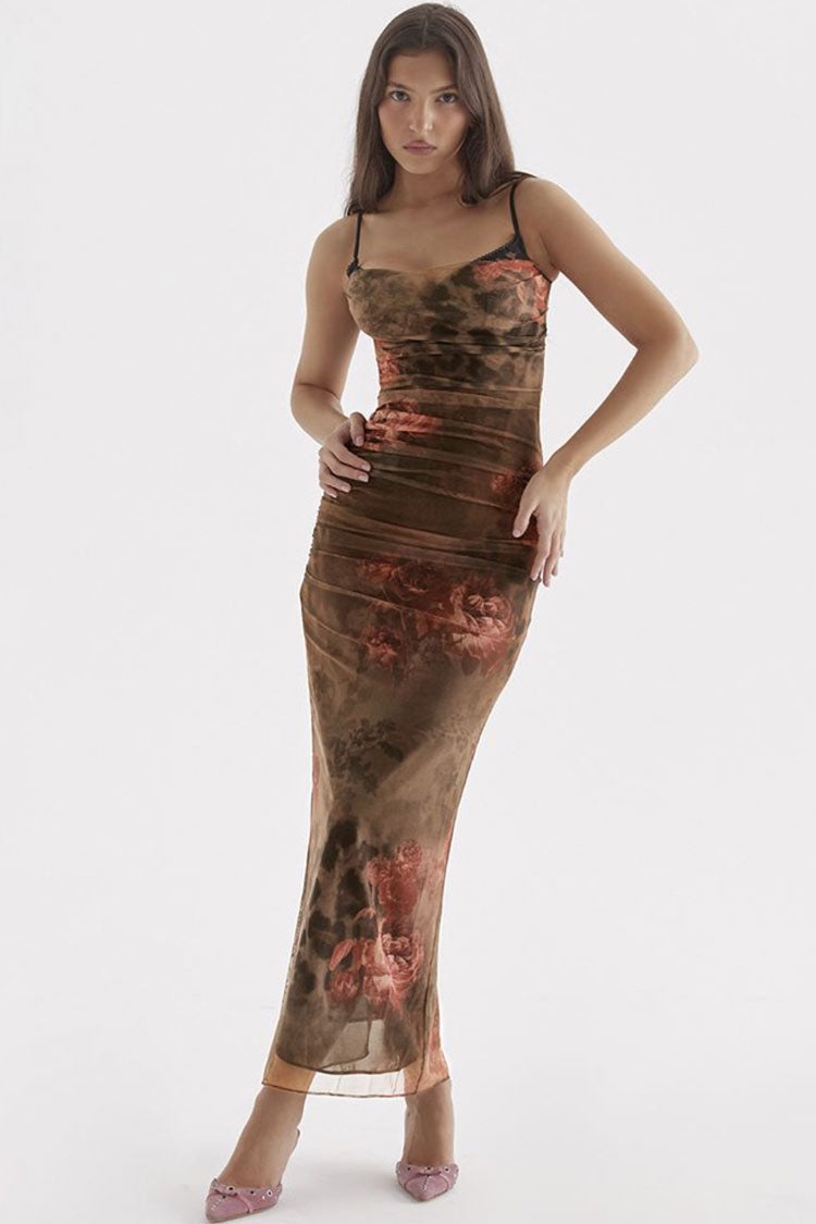 Floral Spaghetti Strap Sweetheart Floral Print Ruched Mesh Bodycon Maxi Dress