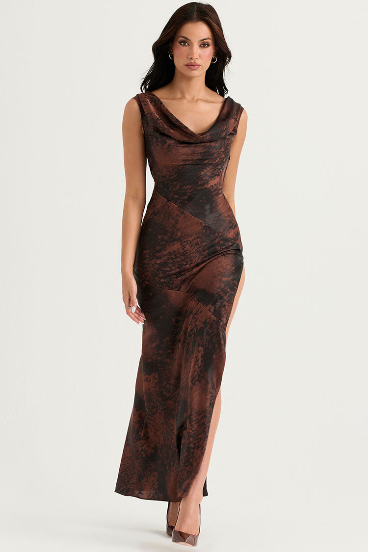Brown Cowl Neck Sleeveless Satin Printed High Slit Maxi Dress