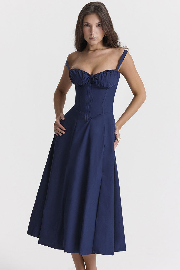 Navy Blue Sweetheart Neck Ruched Bust Corset Fit and Flare Midi Dress