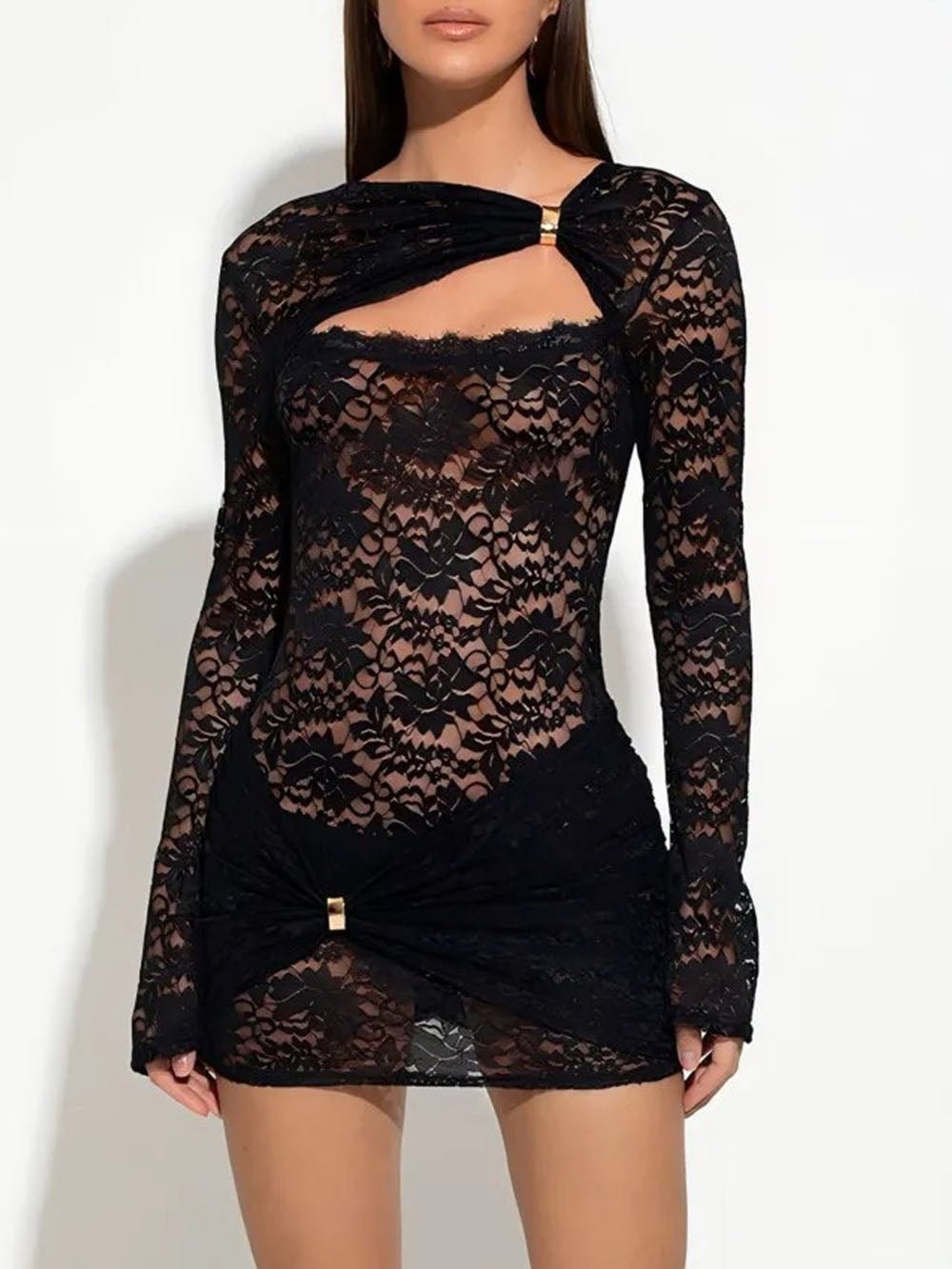 Black Lace Long Sleeve Keyhole Cut Out Buckle Detail Ruched Bodycon Mini Dress 3