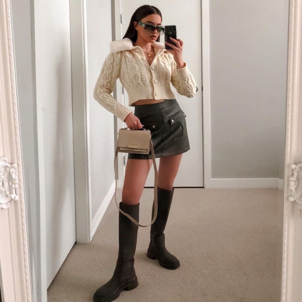 Beige Faux Fur Collar Cable Knit Button Front Cropped Cardigan