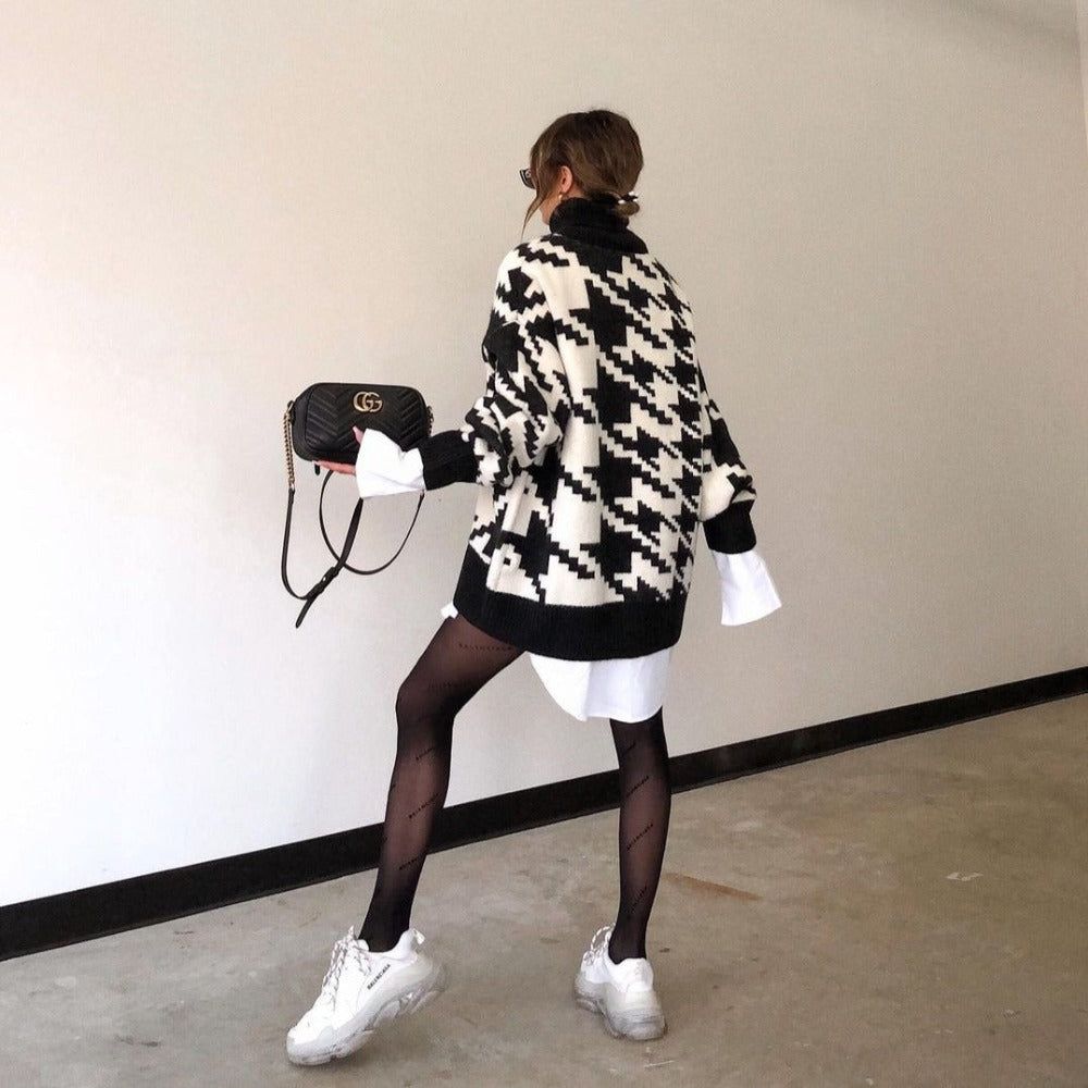 Turtleneck Long Sleeve Houndstooth Pattern Oversized Knit Sweater