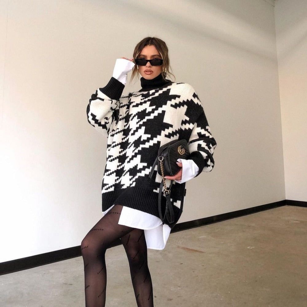Turtleneck Long Sleeve Houndstooth Pattern Oversized Knit Sweater