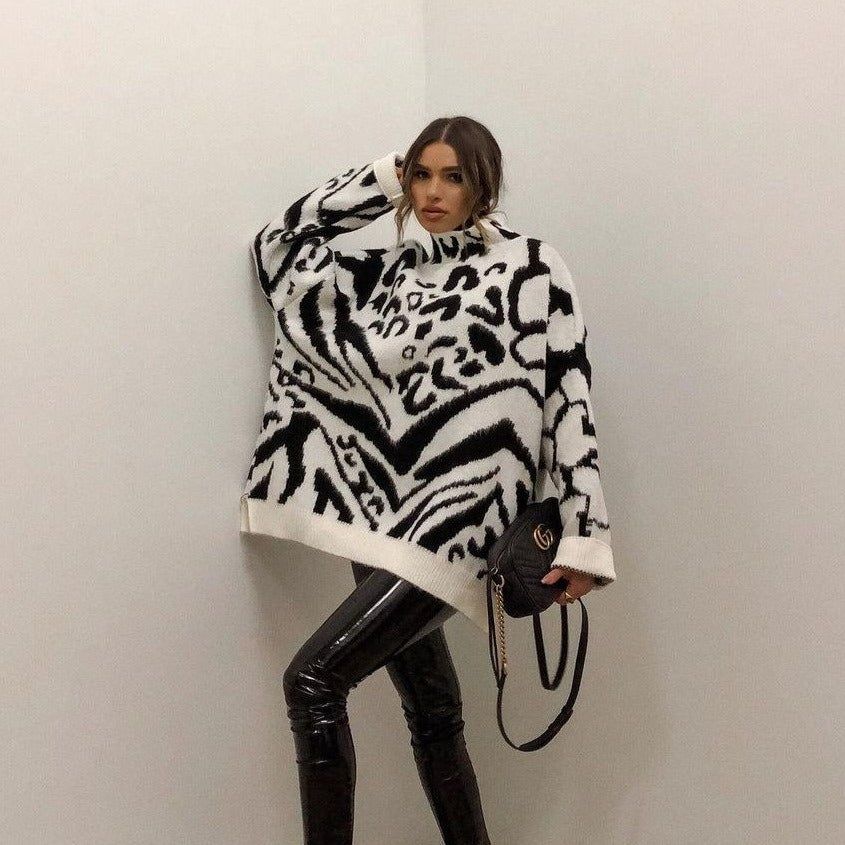 White Raised Collar Animal Print Oversized Knit Sweater
