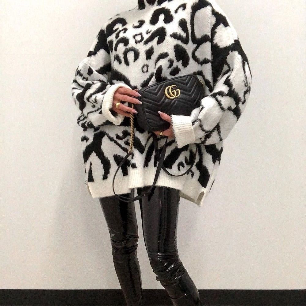 White Raised Collar Animal Print Oversized Knit Sweater