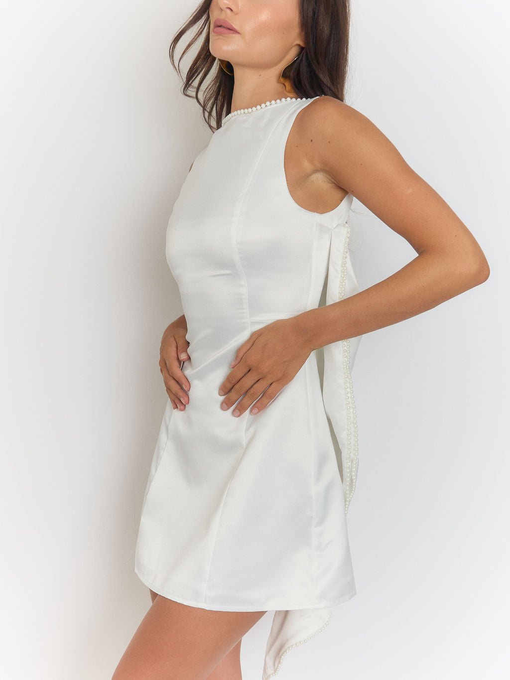 White Satin Pearl Trim Bow Back Drape Panel Mini Dress 8