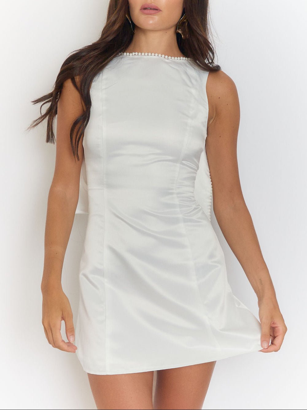 White Satin Pearl Trim Bow Back Drape Panel Mini Dress 7