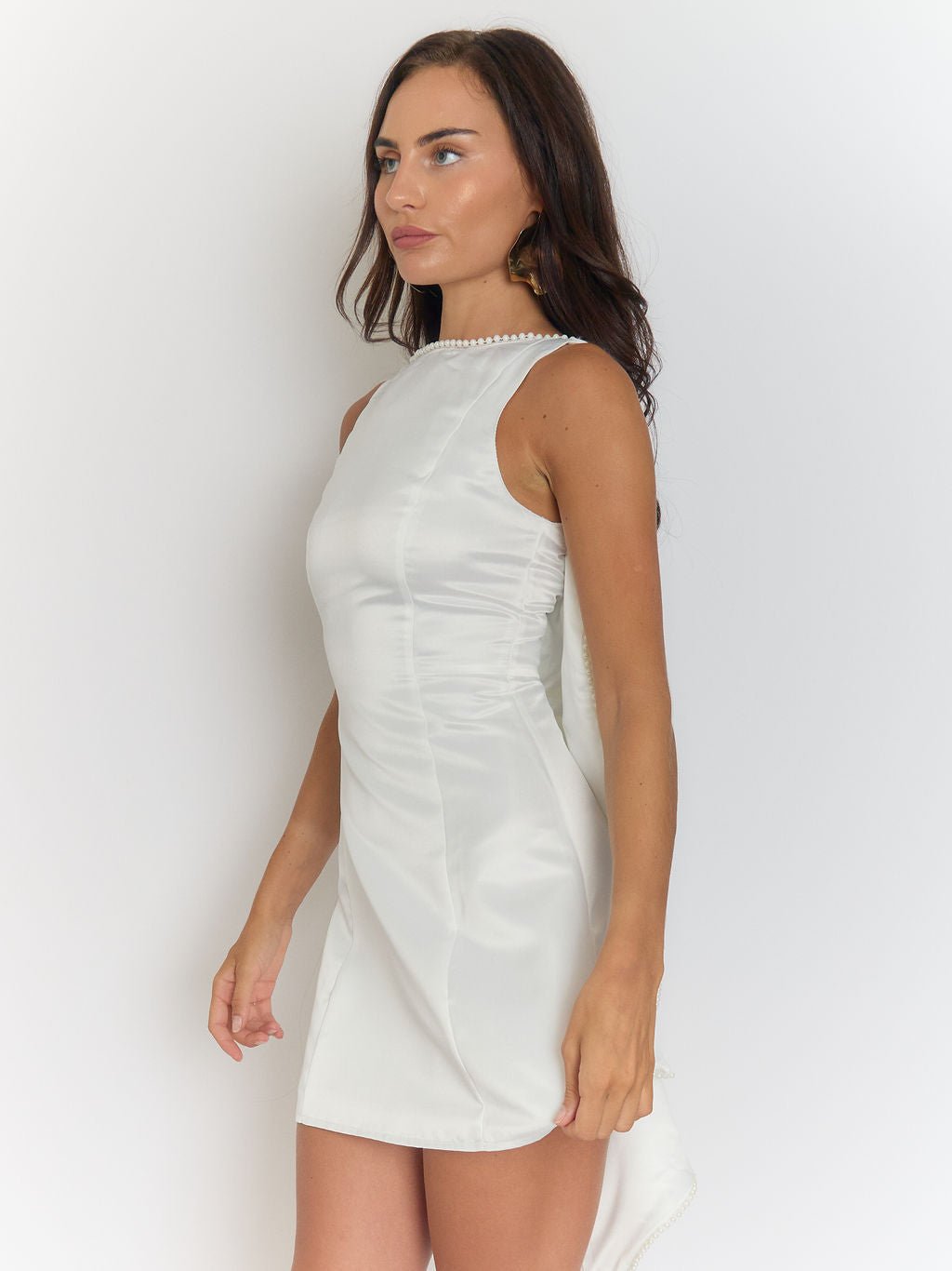 White Satin Pearl Trim Bow Back Drape Panel Mini Dress 5