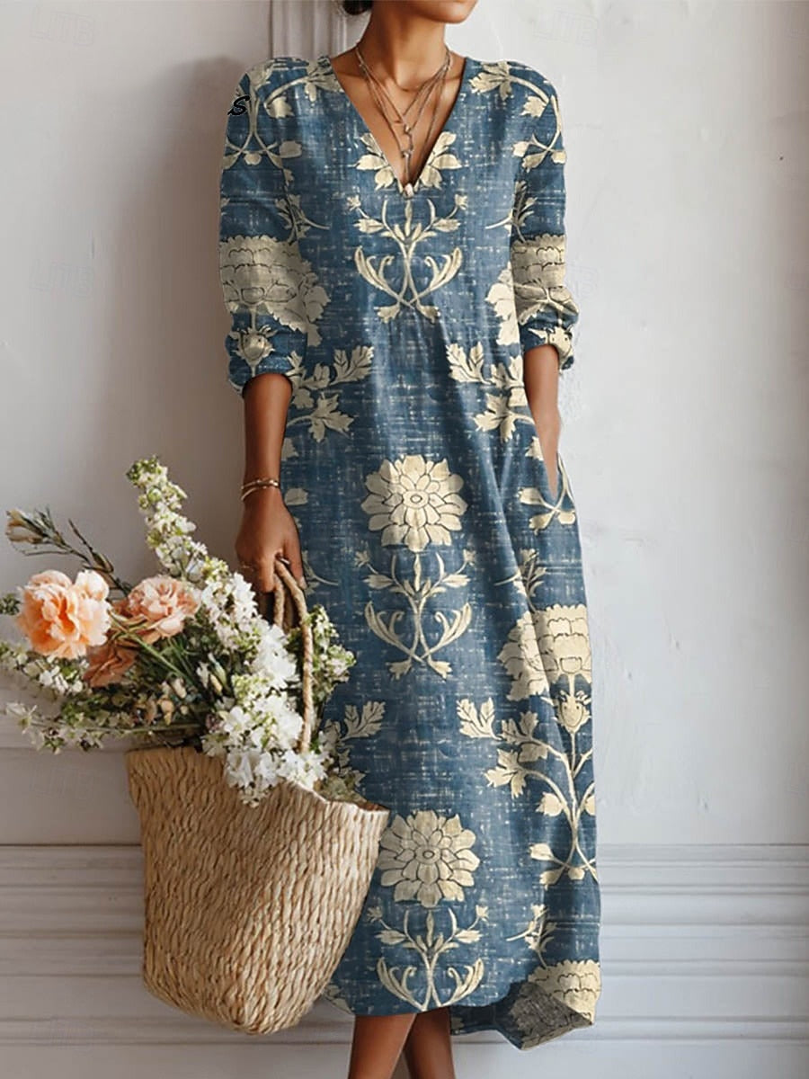 Dress V-Neck Vintage Floral Print Long Sleeve Shift Maxi Dress
