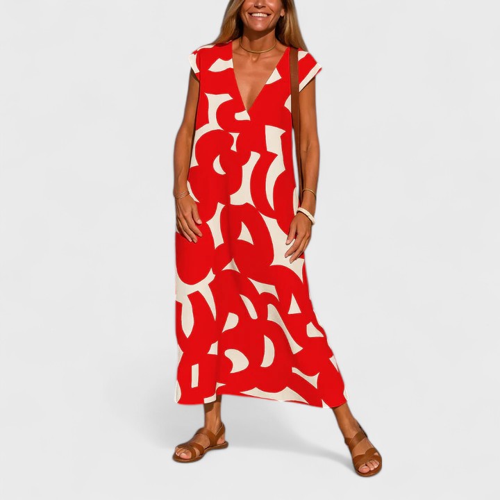 V-Neck Geometric Print Cap Sleeve A-Line Maxi Dress 4