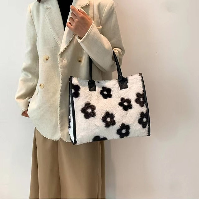 Leopard Faux Fur Leather Trim Tote Bag
