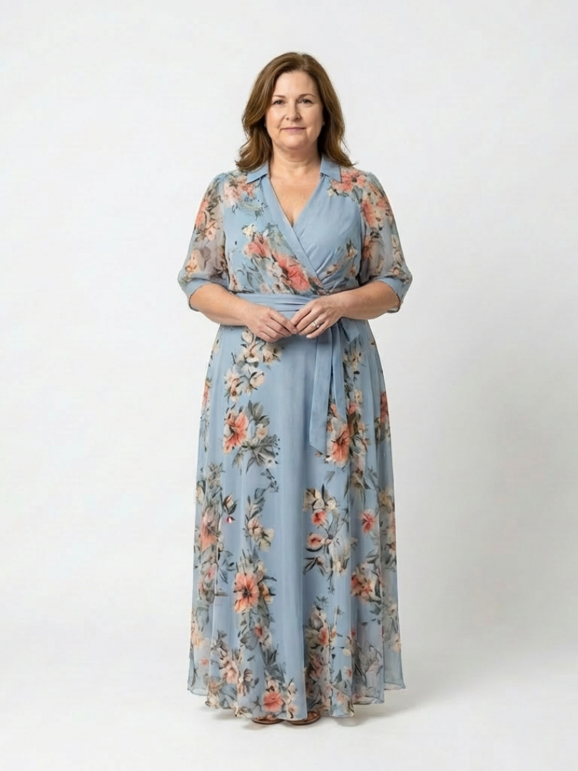 Floral Collared Surplice V-Neck Floral Chiffon Half Sleeve Wrap Maxi Dress