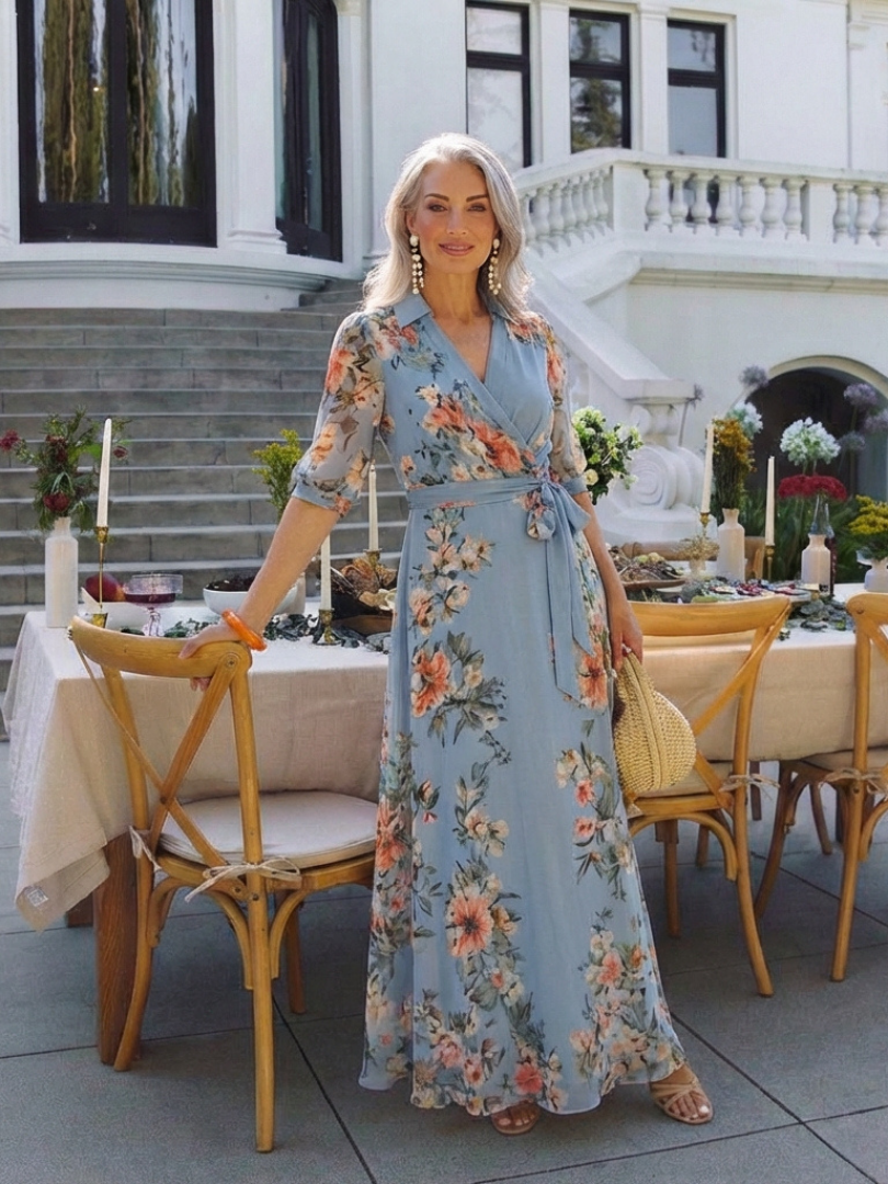 Floral Collared Surplice V-Neck Floral Chiffon Half Sleeve Wrap Maxi Dress