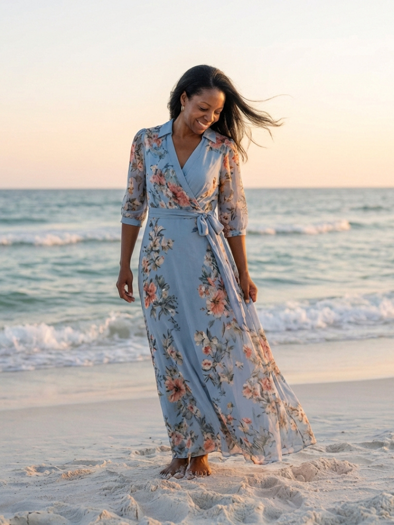Floral Collared Surplice V-Neck Floral Chiffon Half Sleeve Wrap Maxi Dress