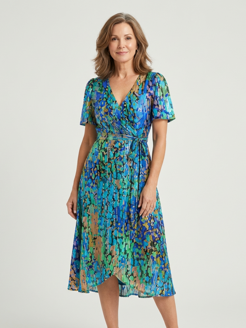 V-Neck Abstract Print Shimmer Flutter Sleeve Wrap A-Line Midi Dress