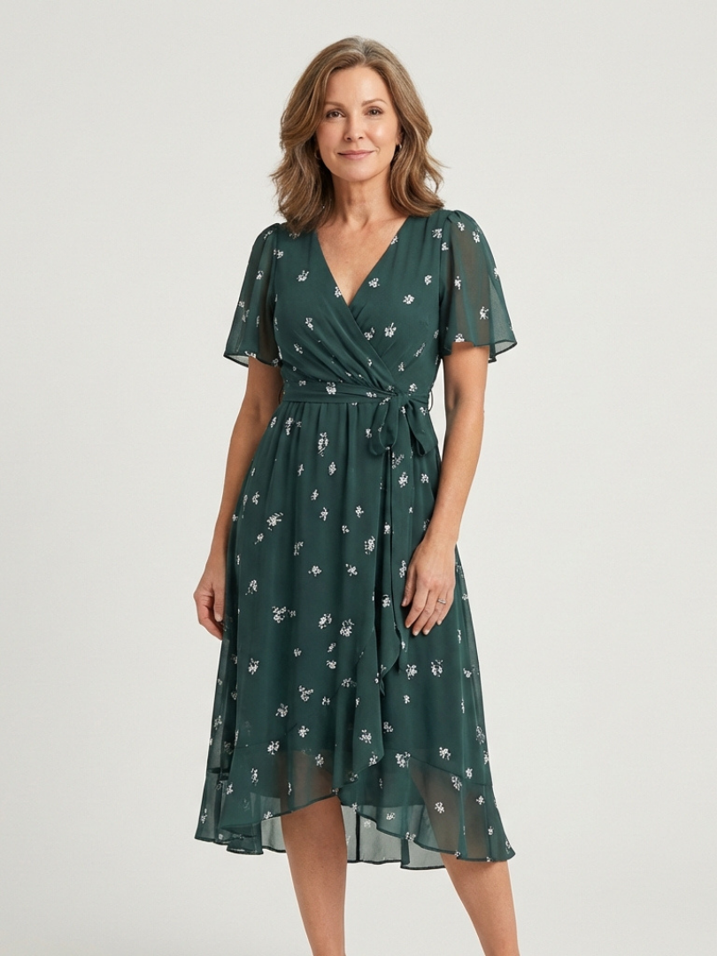 V-Neck Abstract Print Shimmer Flutter Sleeve Wrap A-Line Midi Dress