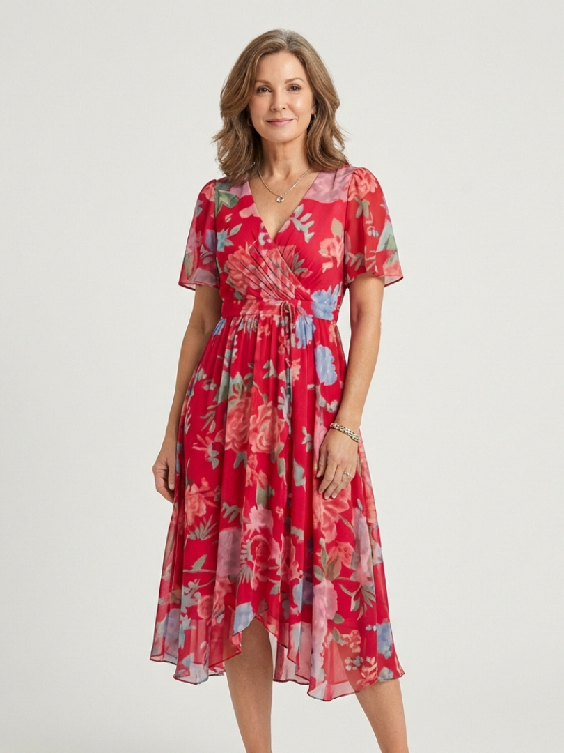 V-Neck Abstract Print Shimmer Flutter Sleeve Wrap A-Line Midi Dress