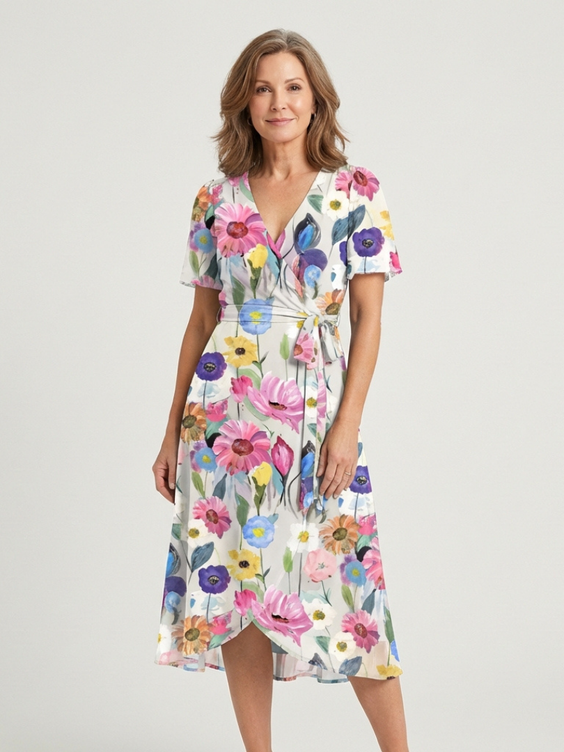 V-Neck Abstract Print Shimmer Flutter Sleeve Wrap A-Line Midi Dress