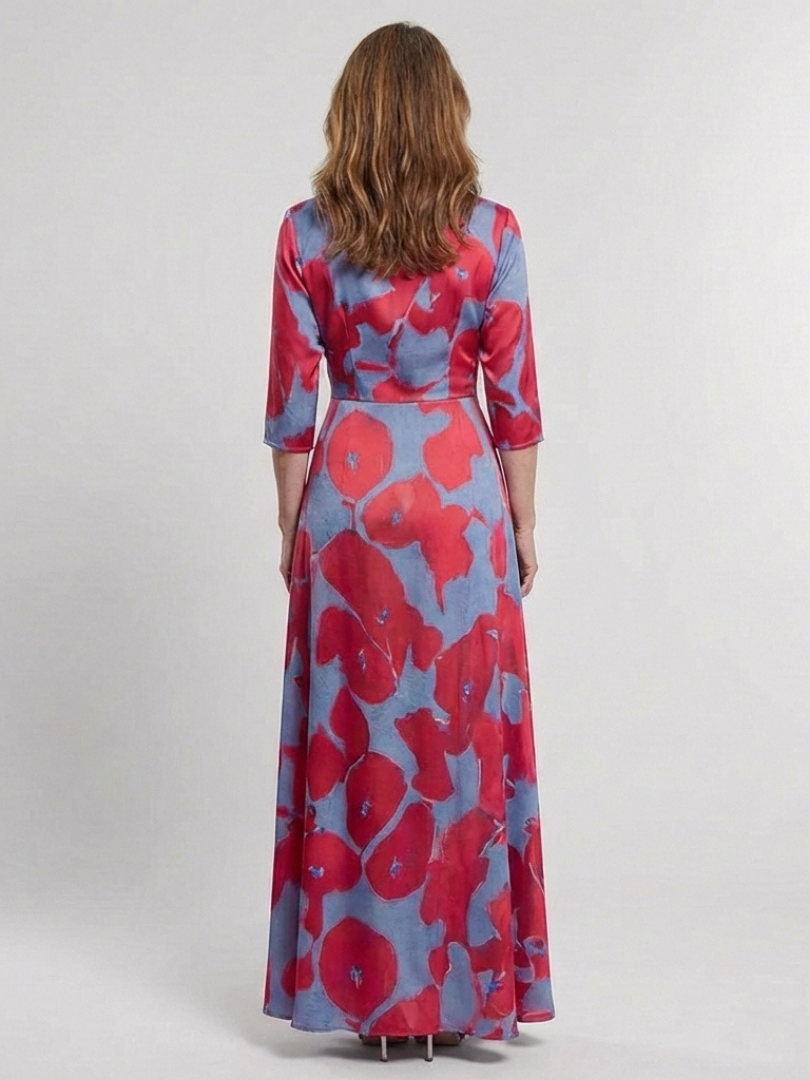 Floral V-Neck Floral Three Quarter Sleeve Wrap A-Line Maxi Dress