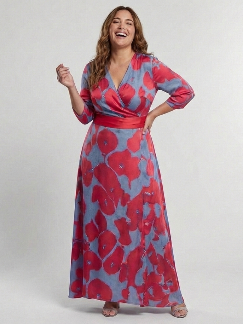Floral V-Neck Floral Three Quarter Sleeve Wrap A-Line Maxi Dress