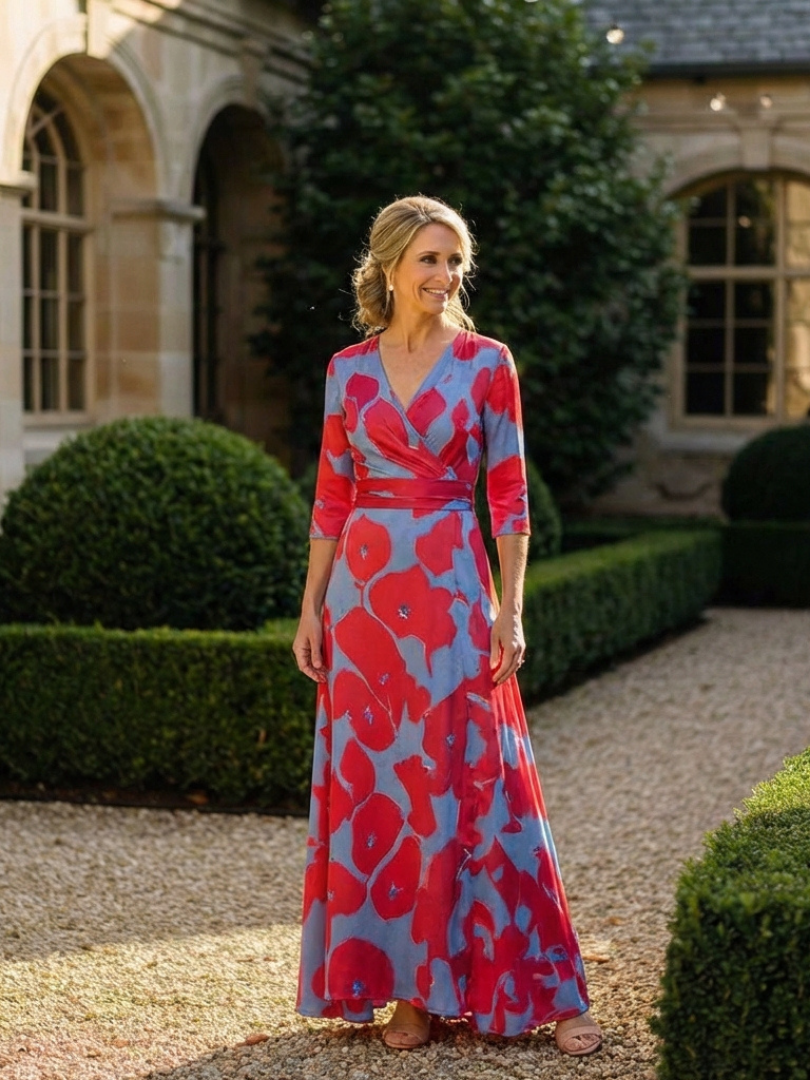 Floral V-Neck Floral Three Quarter Sleeve Wrap A-Line Maxi Dress