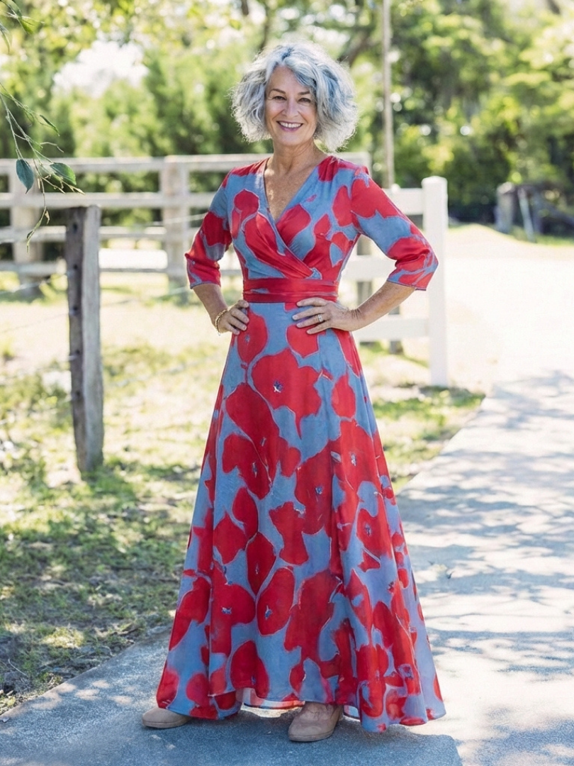 Floral V-Neck Floral Three Quarter Sleeve Wrap A-Line Maxi Dress