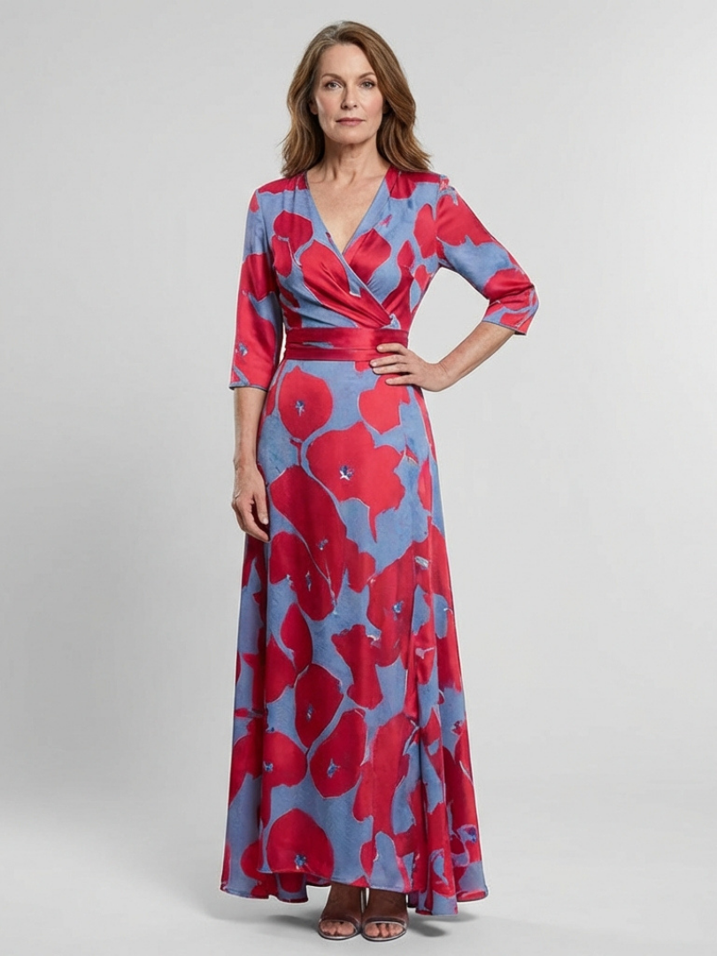 Floral V-Neck Floral Three Quarter Sleeve Wrap A-Line Maxi Dress