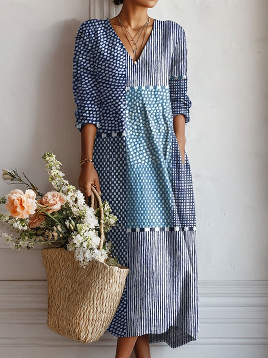 Multicolor V-Neck Long Sleeve Geometric Polka Dot Stripe Shift Maxi Dress