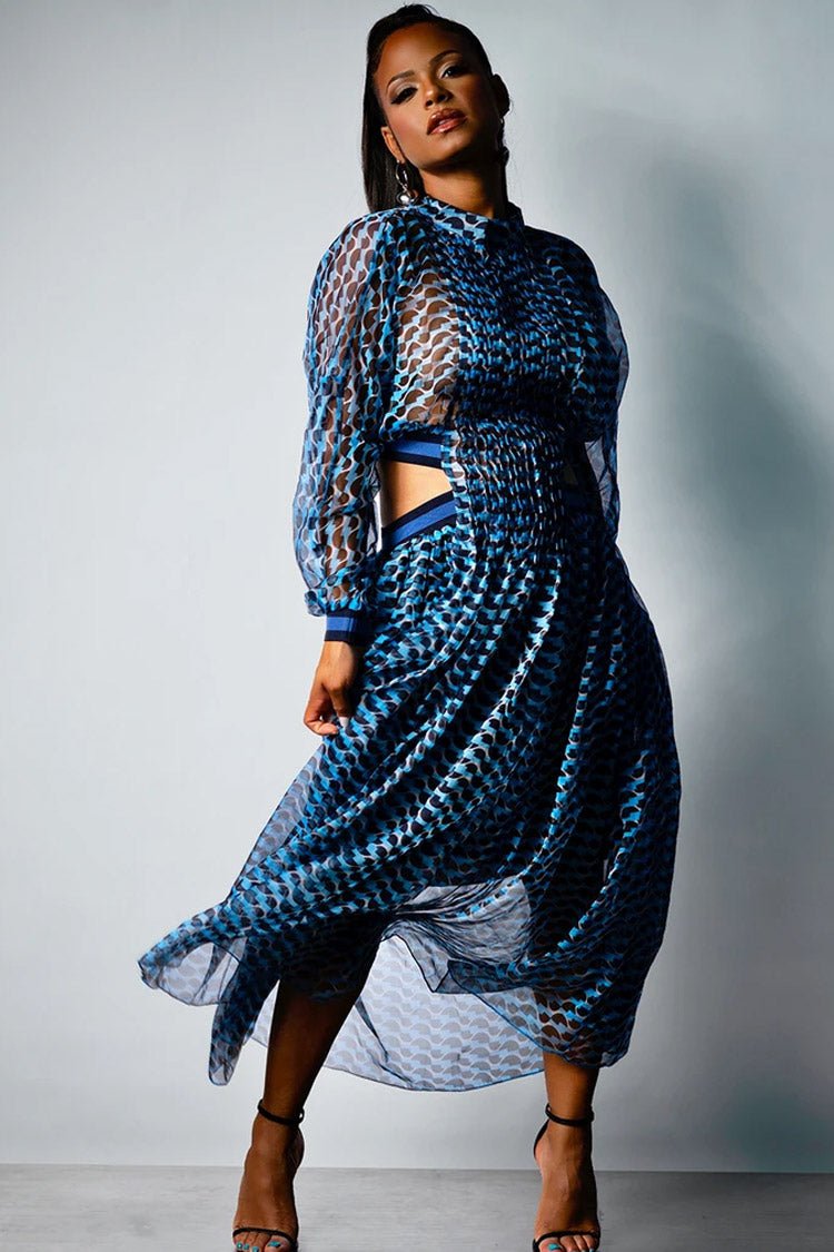 Blue High Neck Wave Print Long Sleeve Cutout Pleated Sheer Maxi Dress 3