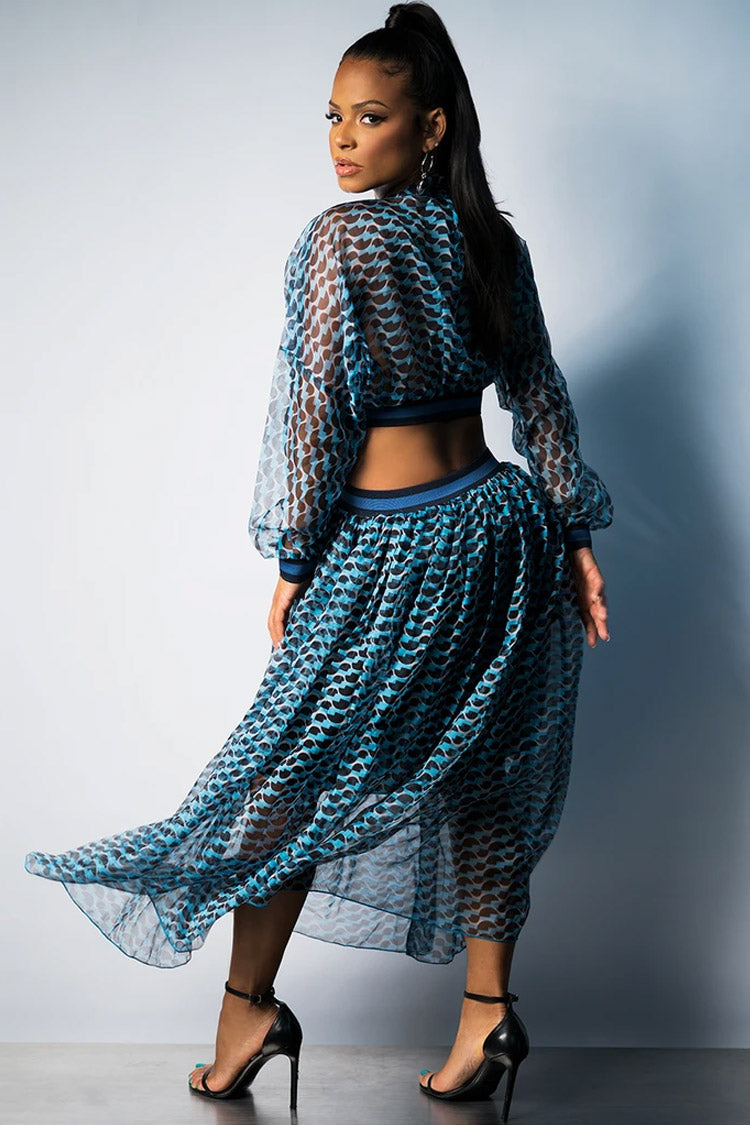 Blue High Neck Wave Print Long Sleeve Cutout Pleated Sheer Maxi Dress 4