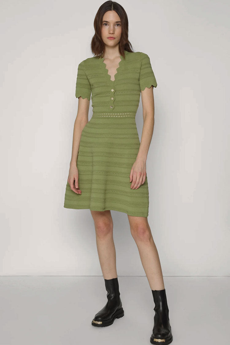 Green Scalloped V-Neck Half Button Short Sleeve Pointelle Knit A-Line Mini Dress