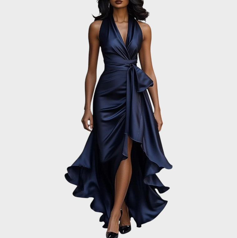 Halter V-Neck Satin Bow Wrap High Slit Ruffle Gown 11