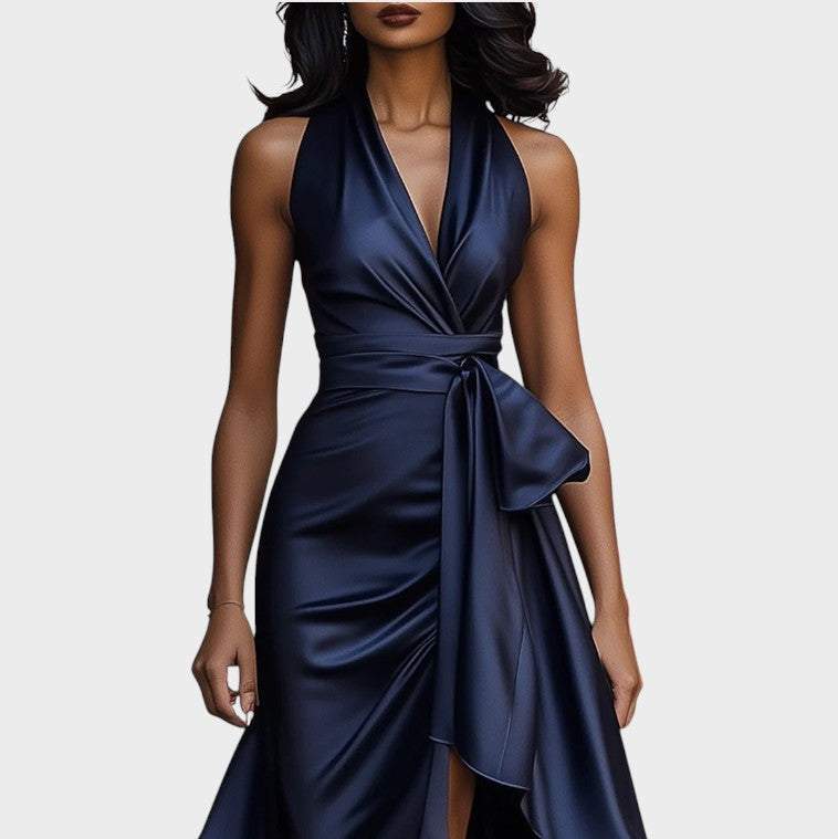 Halter V-Neck Satin Bow Wrap High Slit Ruffle Gown 2