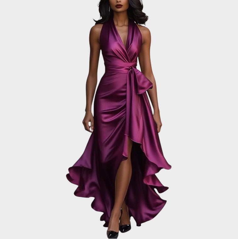 Halter V-Neck Satin Bow Wrap High Slit Ruffle Gown 5