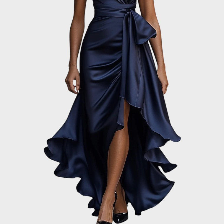 Halter V-Neck Satin Bow Wrap High Slit Ruffle Gown 3