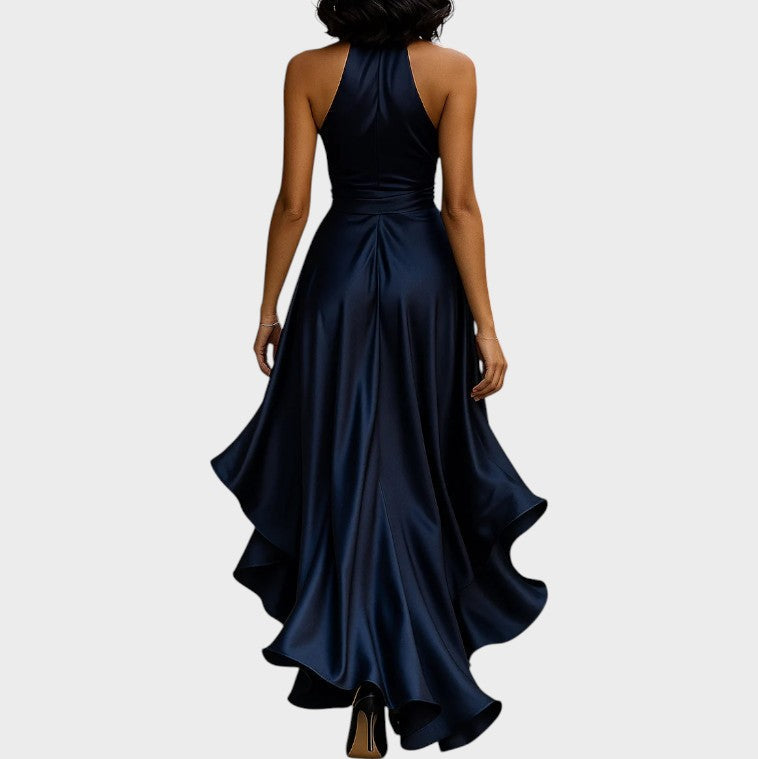 Halter V-Neck Satin Bow Wrap High Slit Ruffle Gown 4
