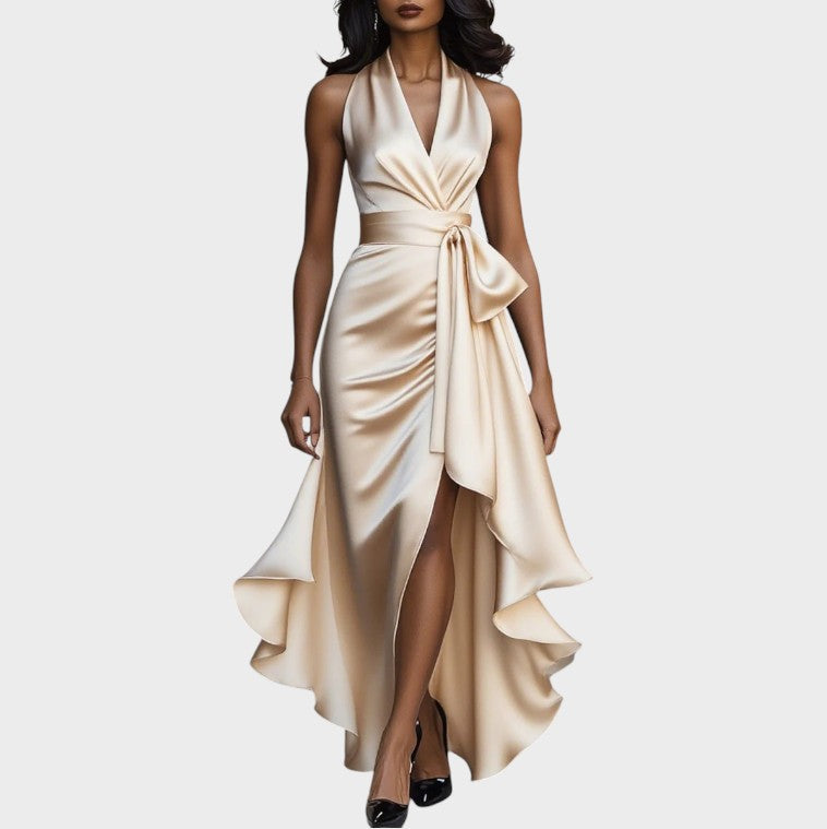 Halter V-Neck Satin Bow Wrap High Slit Ruffle Gown