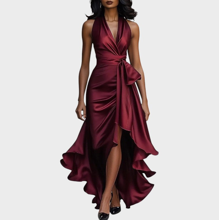 Halter V-Neck Satin Bow Wrap High Slit Ruffle Gown 10