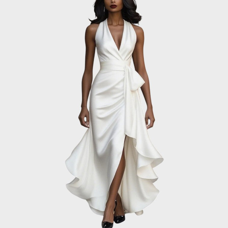 Halter V-Neck Satin Bow Wrap High Slit Ruffle Gown 9