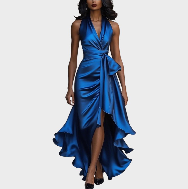 Halter V-Neck Satin Bow Wrap High Slit Ruffle Gown 8