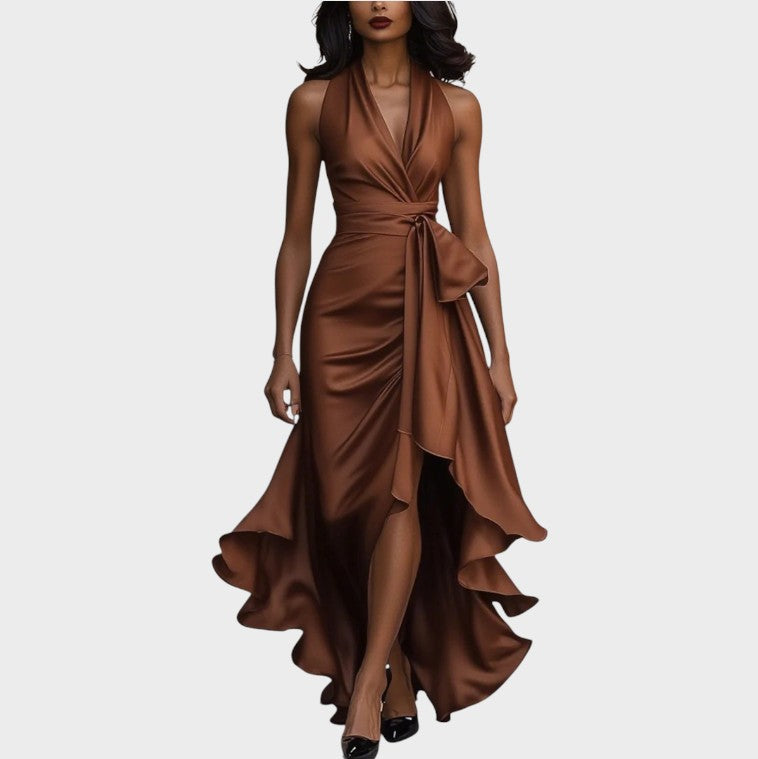 Halter V-Neck Satin Bow Wrap High Slit Ruffle Gown 7