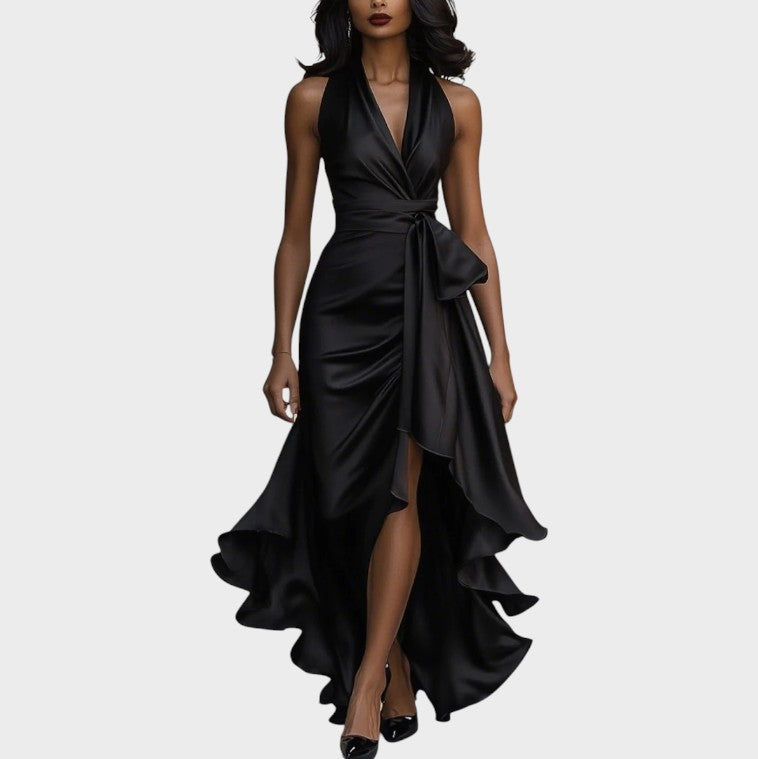 Halter V-Neck Satin Bow Wrap High Slit Ruffle Gown 6