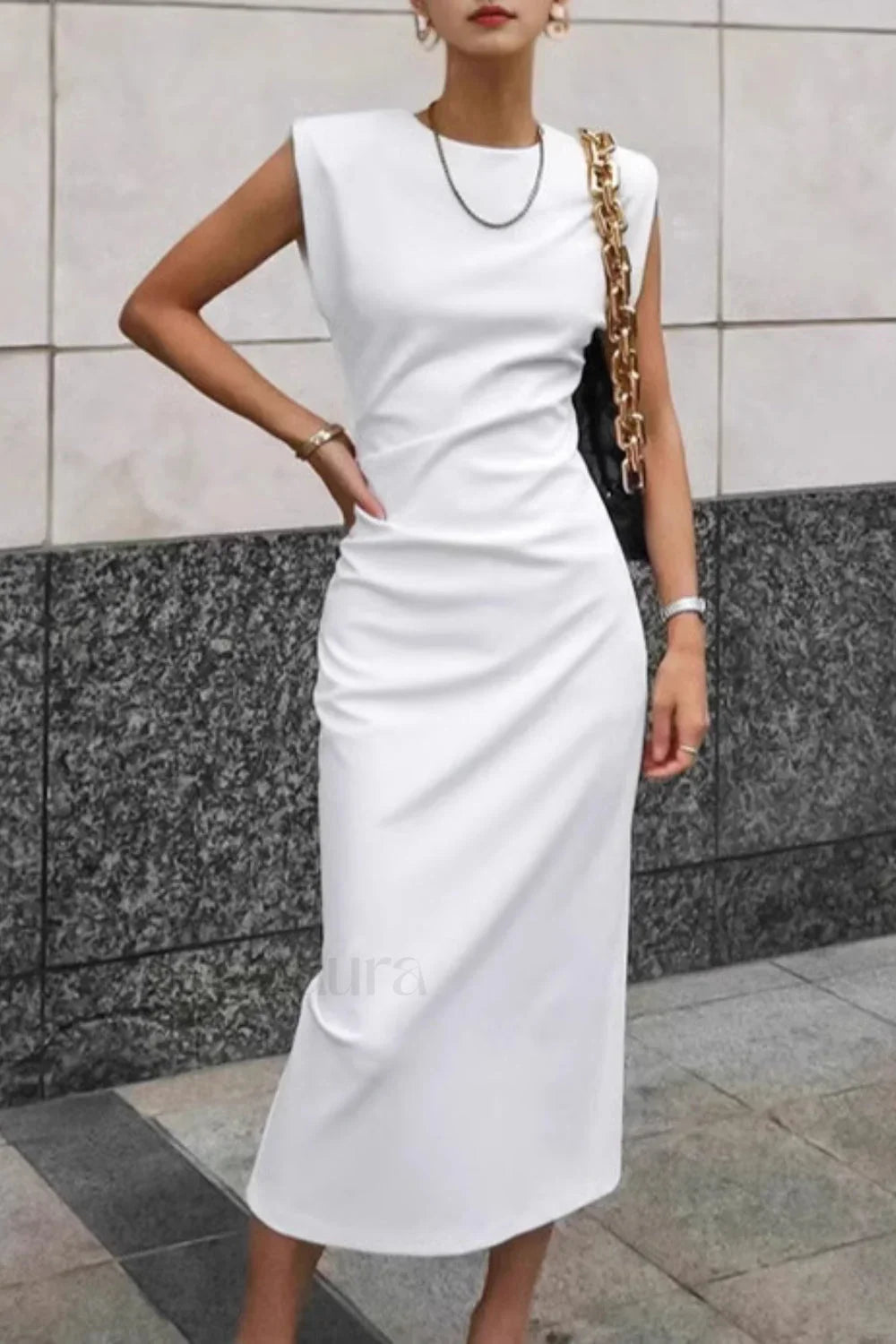 White Round Neck Split Bodycon Work Dress