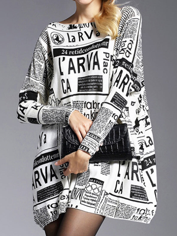 Round Neck Newspaper Print Oversized Loose Knit Sweater